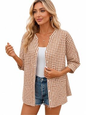 Lomon Brown and White Gingham Button-Front Top L